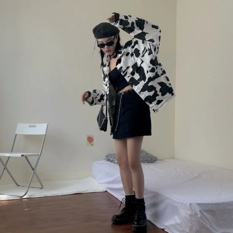 2023 Harajuku Streetwear Cow Print Cropped Female Jacket Casual Buttons Coat Women Cardigan Spring Autumn Jackets Outwear New