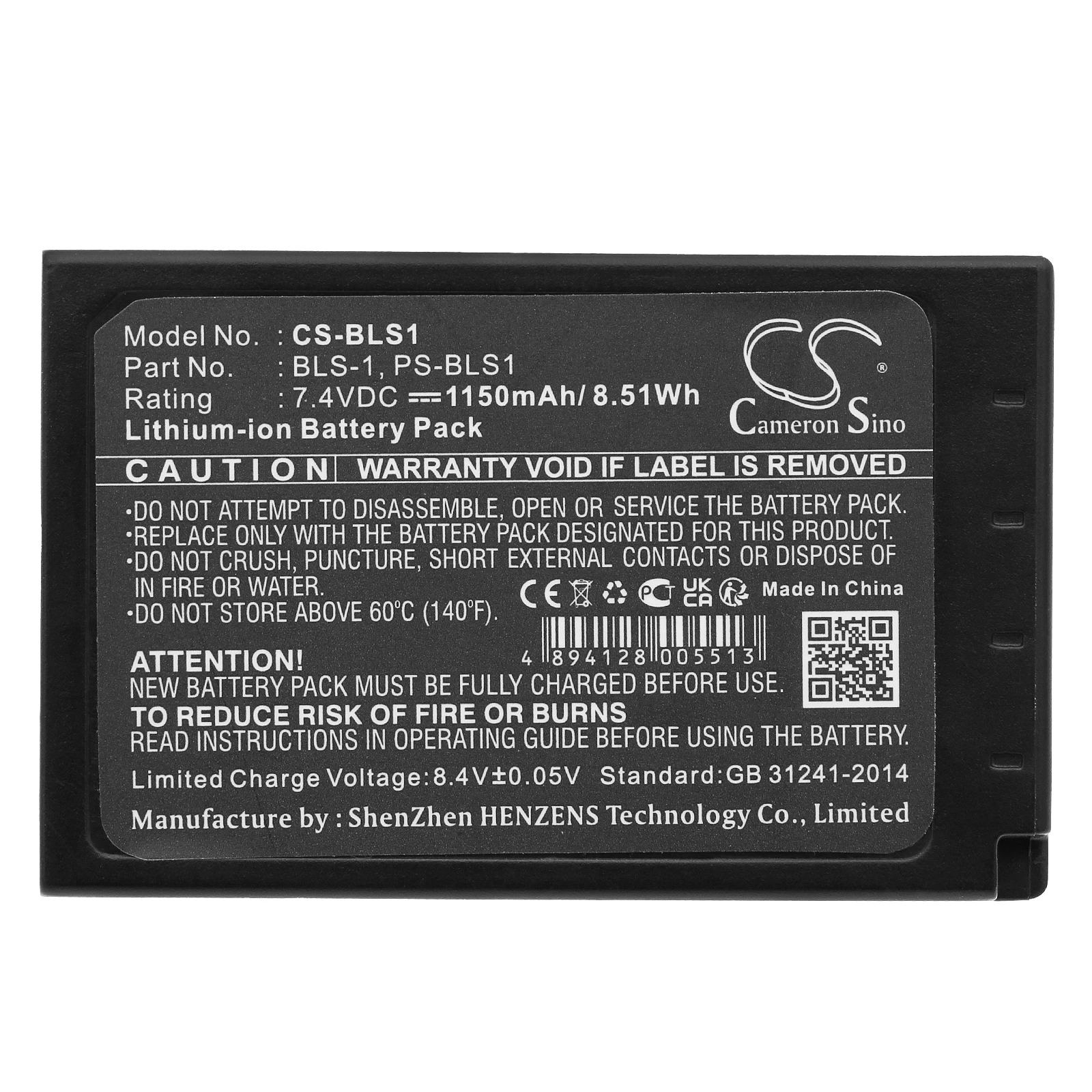 CS Replacement Battery for Olympus E-400,E-410,E-420,E-450,E-620,E-P2,E-P2 Pen,EP-1,EP-1 Pen,Evolt  PN:BLS-1 1150mAh / 8.51Wh