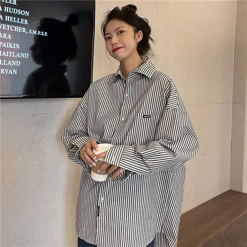 High Street Striped Loose Blouse Spring Autumn New Long Sleeve Polo Neck Vintage Youth Shirt Tops Fashion Casual Women Clothing