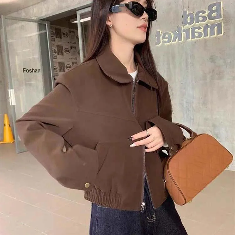 

Women's Suede Jackets Loose Lapel Zipper Long Sleeve Pockets Female Coats Lady Commute Outwear New Girls Short Parka Outerwears