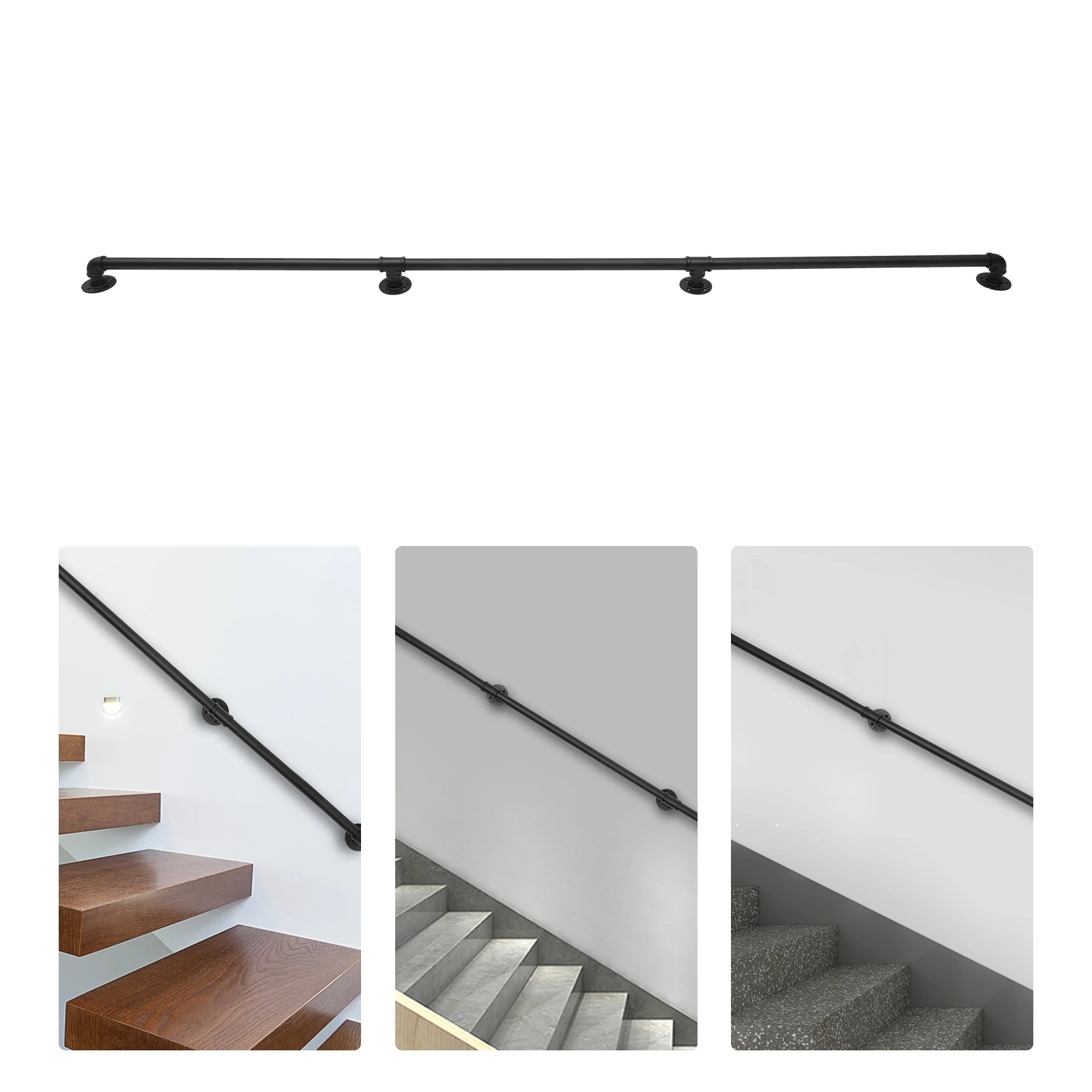Multifunctionele trapleuning voor gezinnen, ouderen en kinderen, zwart metalen trapleuning, gebakken verf, stevige T-vormige connectoren 2,44m