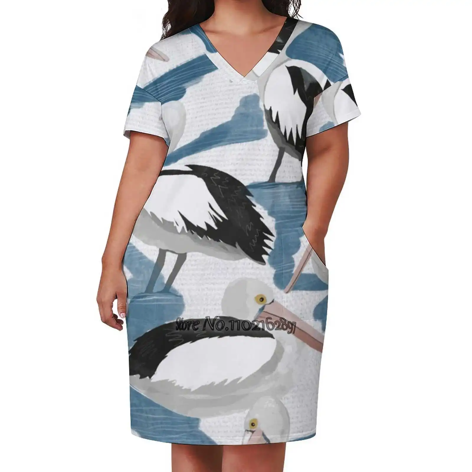 Pelicans Is The Water Fashion Street Dress Loose V-Neck Short Sleeve Skirt Casual Party Skirt 5Xl Pelicans Water Birds Pelican