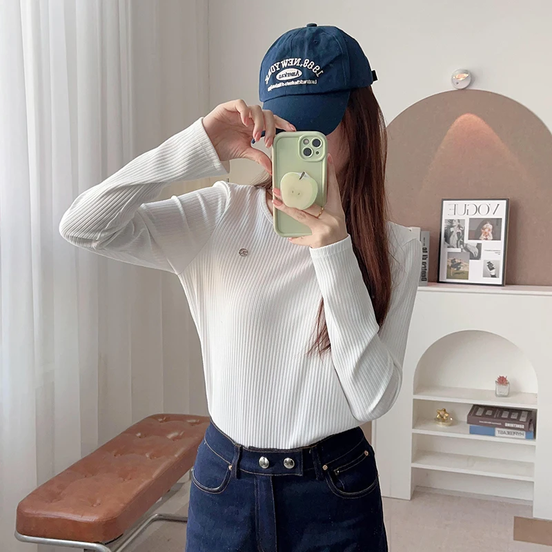 

Женская футболка с длинным рукавом Slimming Long Sve T-irt, круглый вырез, с буквенным логотипом, однотонная, весенняя, модная, повседневная одежда, бренд Selfwill