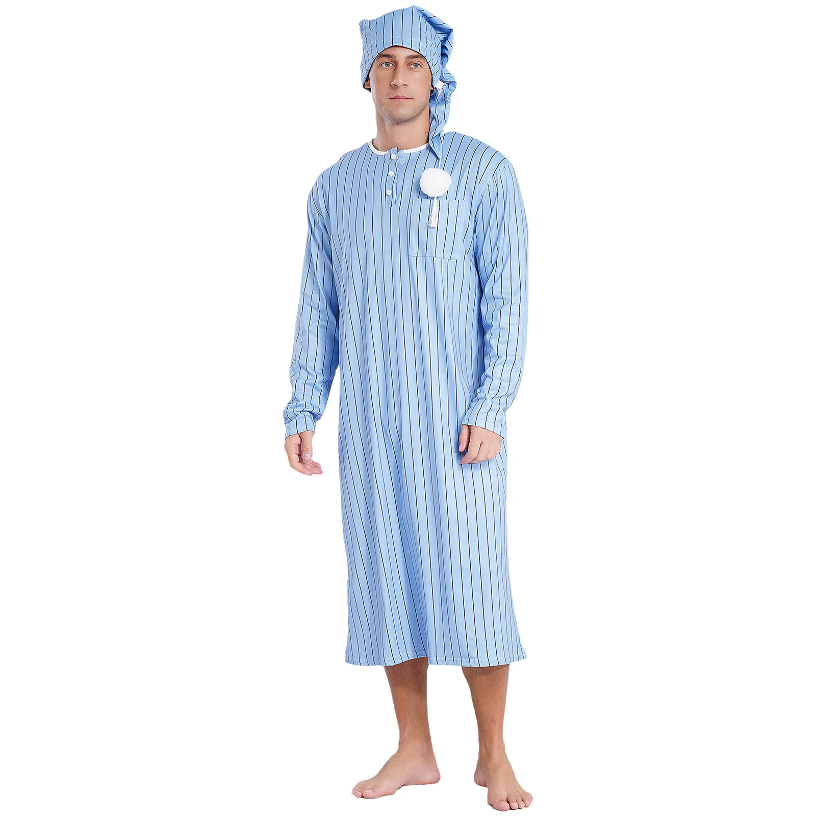 Men\'s Soft Loose Sleep Robe Fashion Homewear Striped Long Sleeve Button-down Nightshirt with Sleeping Cap Pajama Set Nightgown