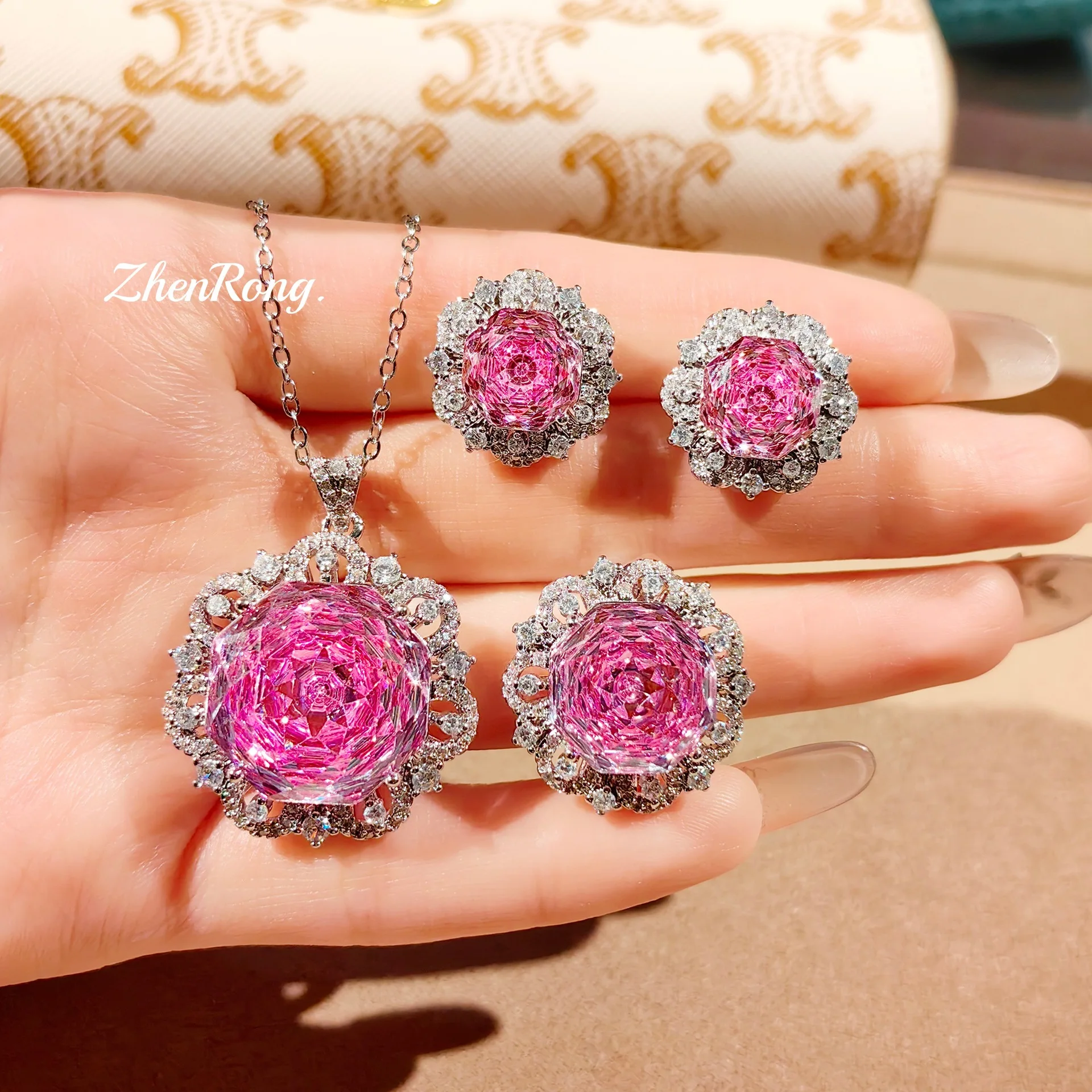 Sunflower Octagonal Rose Cut Necklace Rose Red High Carbon Diamond Earrings Sea Blue Ring Colorful Treasure Set for Women