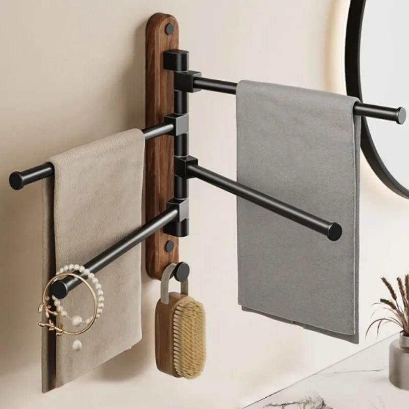 

Bathroom Black Walnut Gold Rotating Towel Rack Non-punching Folding Bathroom Towel Bar Shower Shelf