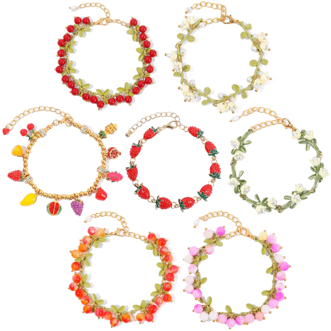 Bracelet en alliage de zinc à thème fruits et fleurs, bijoux à la mode avec motif fraise, bracelet attrayant