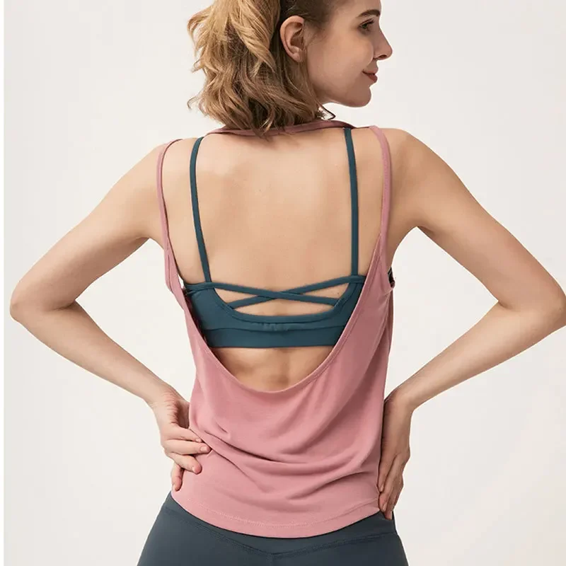 

Sexy Backless Fitness Yoga Tops Women Sleeveless Workout Shirts Vest Quick Dry Loose Sport Tank Top Running Training T Shirt