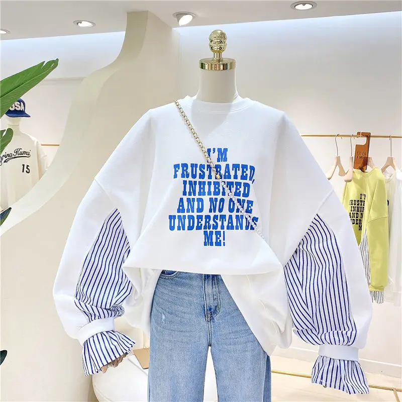 

Korean Chic Striped Spliced Female Sweatshirts Spring Fake Two Pieces Fashion Letter Printed Round Neck Tops Women's Clothing