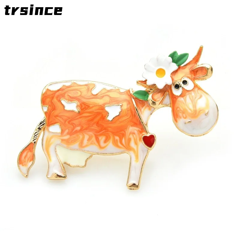 Funny Creative Yellow Black Wear Flower Cattle Brooches for Women Enamel Animal Cow Pin Party Brooch Pins Gifts