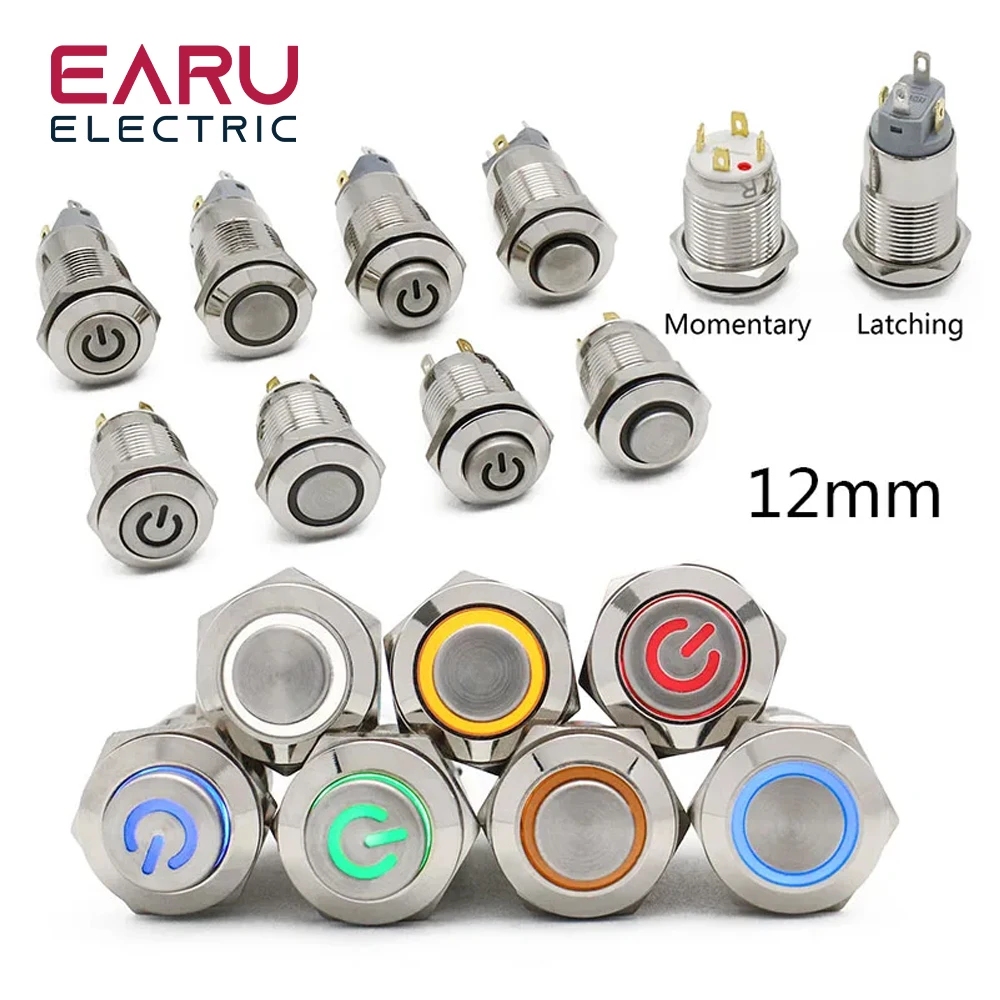 12mm Płaski, wodoodporny, metalowy przełącznik przyciskowy LED z wysoką główką Chwilowy zatrzaskowy wyłącznik zasilania komputera silnika samochodowego 3-380V