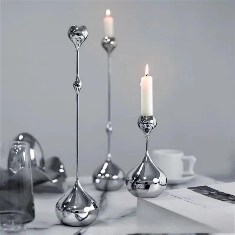 ABUI-Candle Holder Silver Metal Candlestick Romantic Art Table Decoration For Home Dining,Wedding Photography Props
