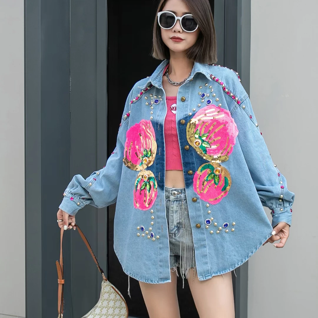 2023 Spring New Heavy Industry Nail Bead Sequins for Female Minority Design Sense Denim Coat Fashion Label jackets