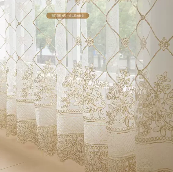 American European Embroidered Gauze White Tulle Sheer Transparent Dream Window Screening Door Curtains for Living Room Bedroom
