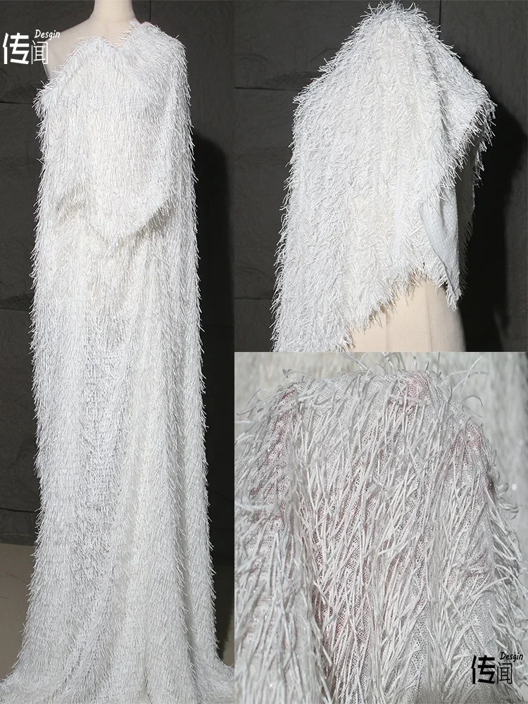 

White Tassel Jacquard Fabric Fashion Clothing Designer for Coat Skirt Diy Sewing By The Yard Material Cloth Wholesale