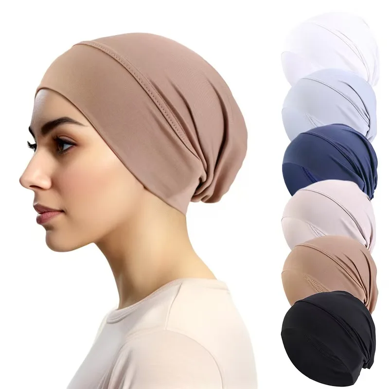 New Ethnic Elastic Headscarf Cap Solid Color Base Cap Hair Care Cap Muslim Turban Hat Hijab Islamic Headscarf Women's Hijabs