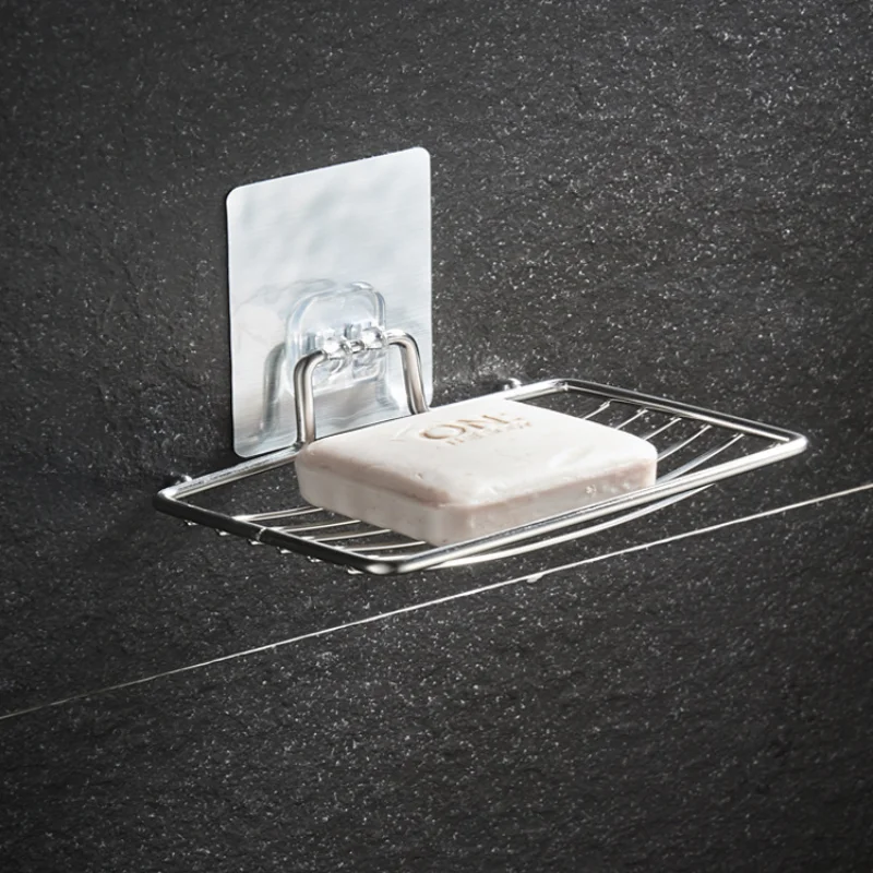 

Stainless Steel Soap Rack Punch-free Nail-free Bathroom Single Layer Drain Wall Hanging Sucker Soap Box Storage Shelf Bath Tools