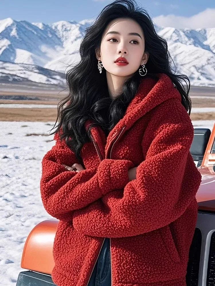 レッドラムファージャケットジッパー付きトップスレディースファションレイジースタイル春秋ハイエンド感暖かい厚手ロングスリーブフーディー