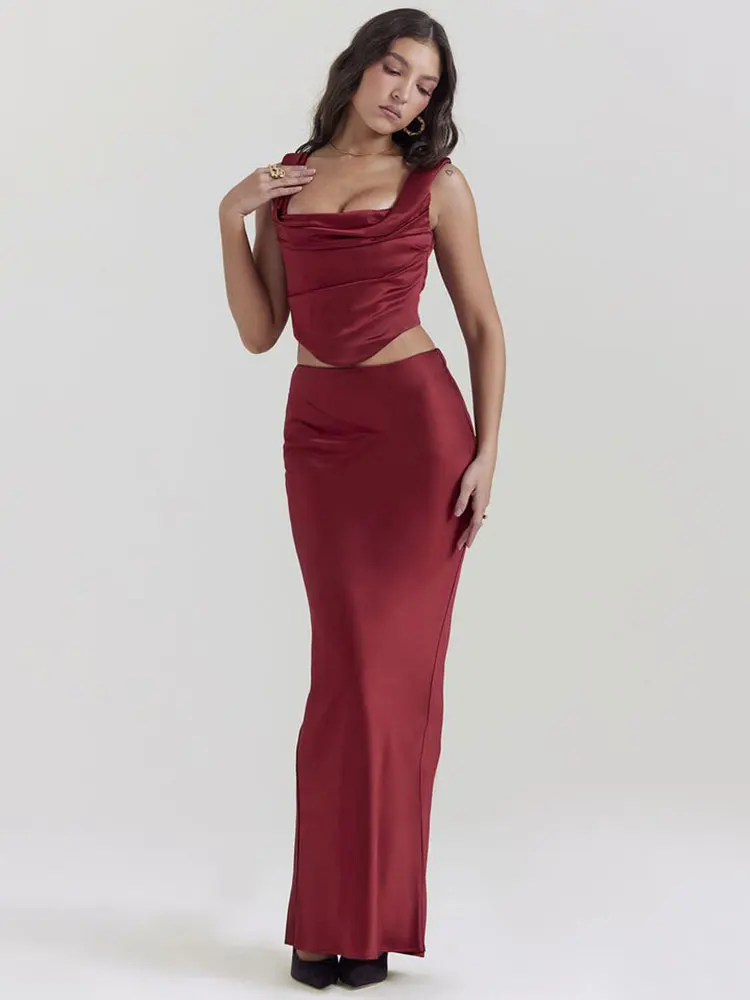 Sexy Women Wine Red Satin Long Skirt Set with Sleeveless Slim Fit Drawstring Short Shaped Top and High Waist Skirt Two Piece Set