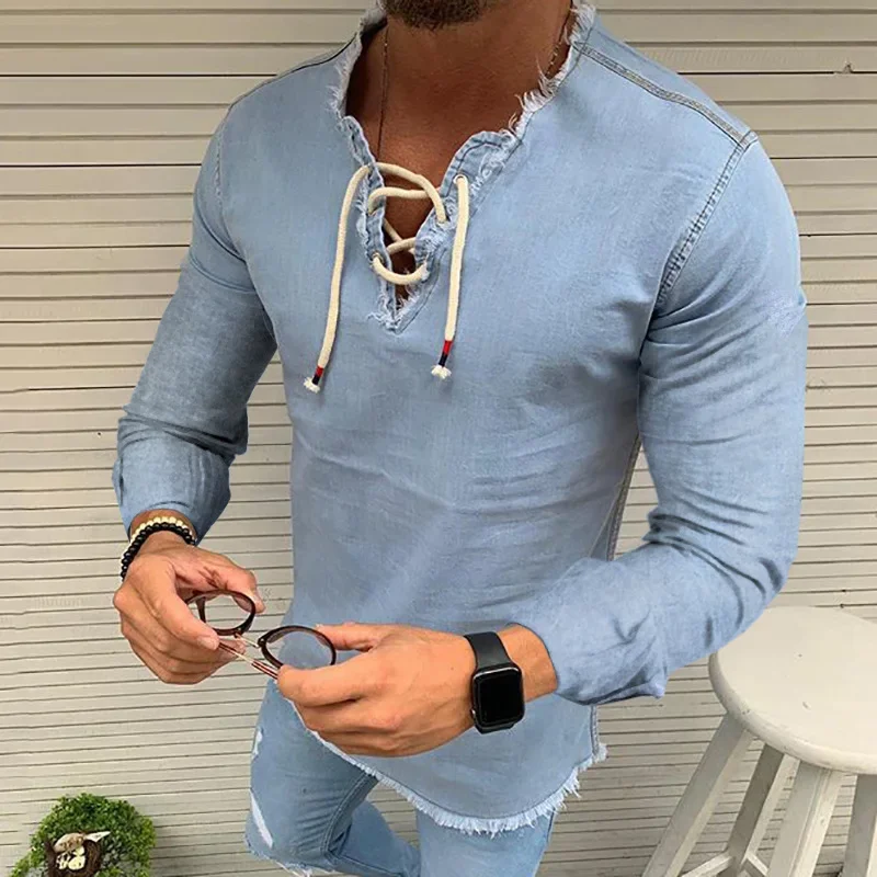 New trendy men's clothing for summer in . A solid-color short-sleeved T-shirt top with a drawstring V-neck denim shirt