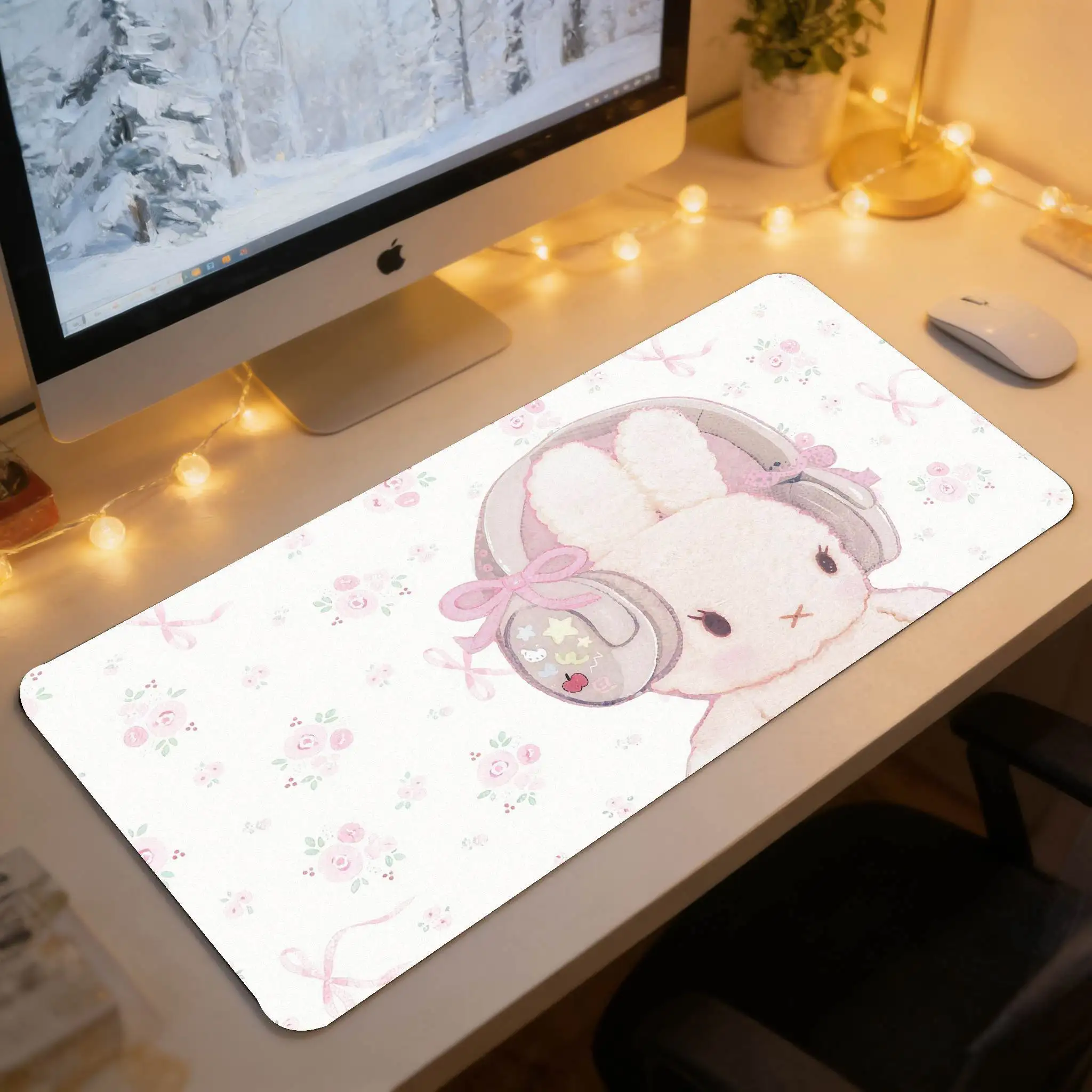 

Cute Bunny with Headphones Large Mouse Pad, Pastel Floral Desk Mat, Kawaii Office Pad