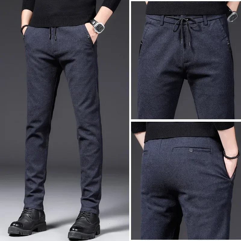 Brand Autumn Winter Brushed Fabric Casual Pants Men Thick Business Work Slim Cotton Black Grey Trousers Male Plus Size 38