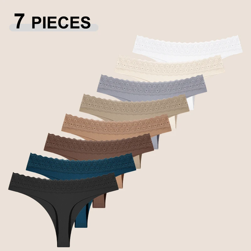 7PCS Traceless Elastic G-String Panties Sexy Lace Trim Low Waist Solid Color T-Back Underwear Breathable Bikini Underpants XS-XL