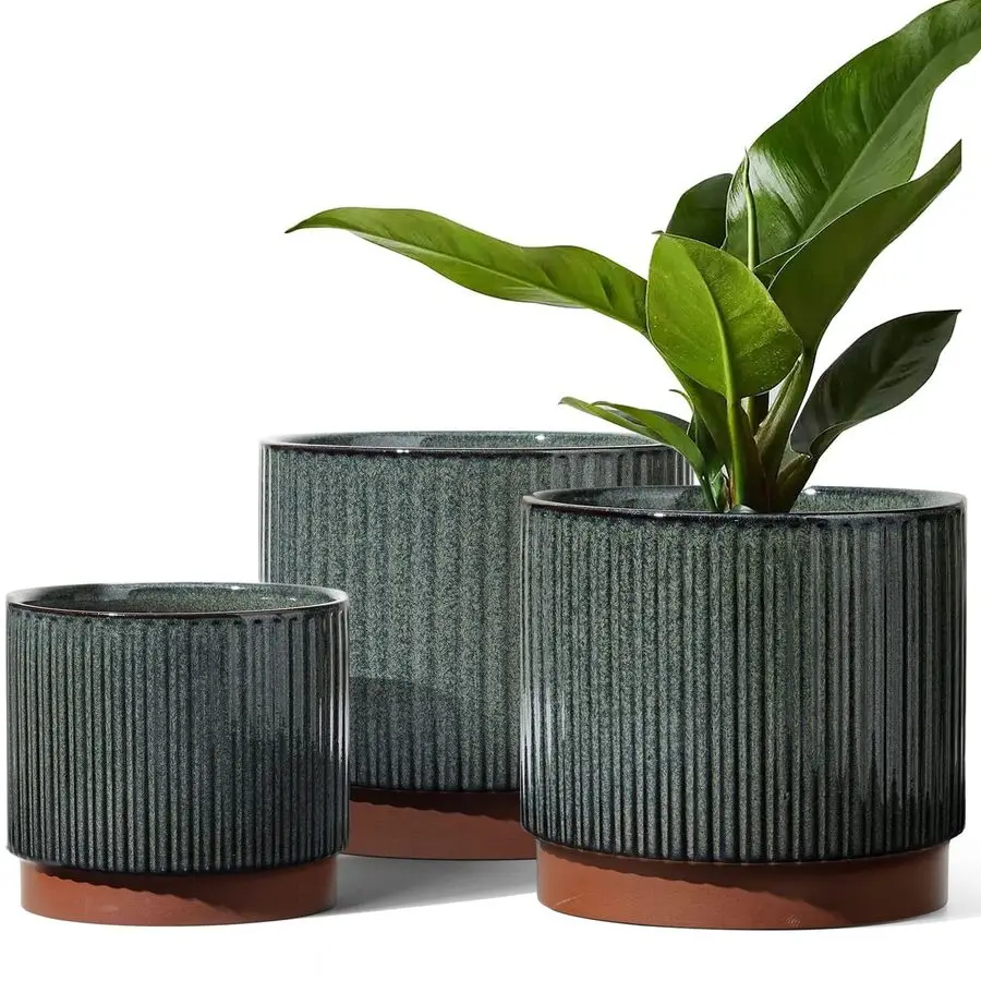 

TAUCI Ceramic Plant Pots with Drainage Holes, Set of 3, 86.75.5 Inch Stripe Garden Planter Pots for Outdoor Indoor Plants Flower