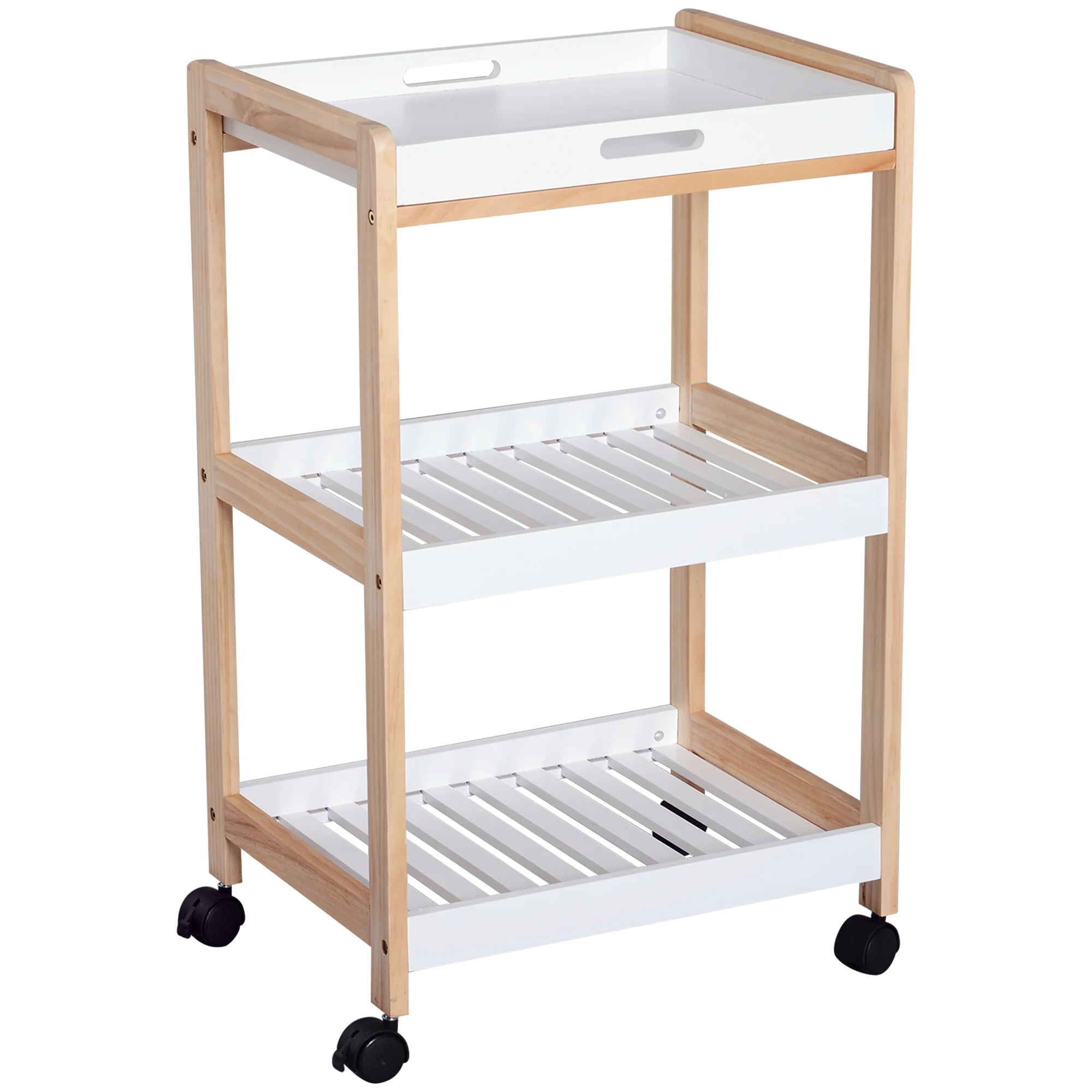 HOMCOM Carrello di servizio con ruote, 2 ripiani + vassoio rimovibile, per bevande, in MDF bianco