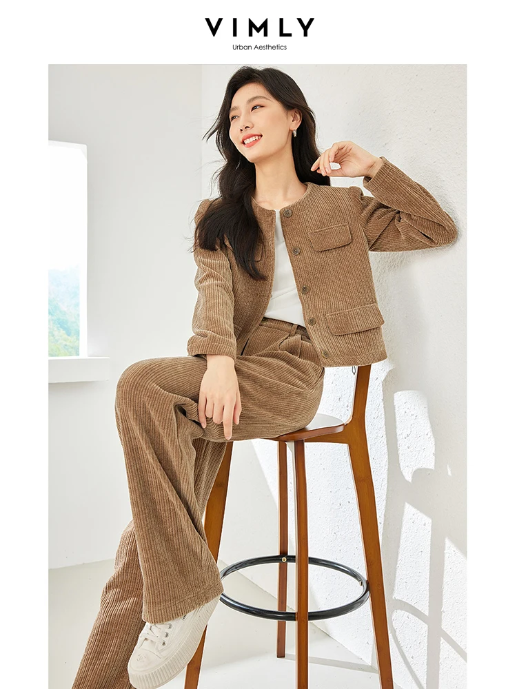 Vimly Vintage Corduroy Pant Sets for Women Autumn Winter Outfits Short Jacket Wide-leg Baggy Pants Solid Two Piece Set M2863