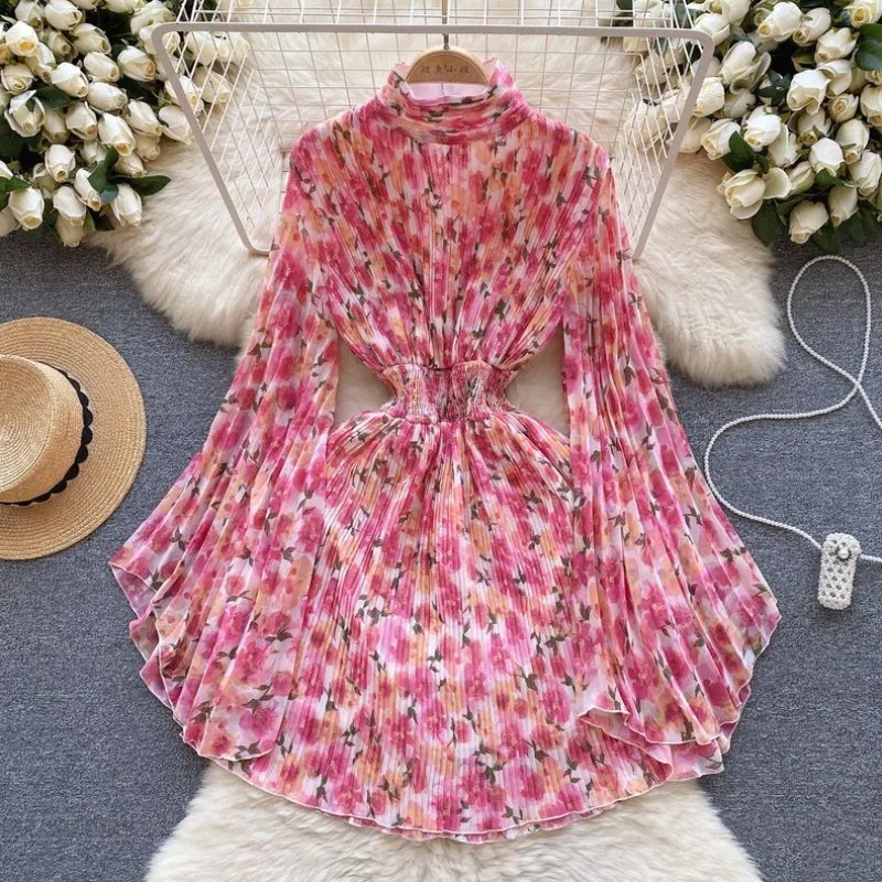 

Frock Women Vacation Chiffon Pleated Flared Sleeves Stretch Waist Pleated Skirt Printed Stand-up Collar Mid-length Summer Dress