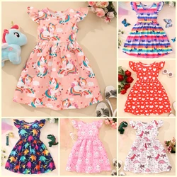 2024 Kids Dress Girl Clothes Birthday Party Dinosaur Summer Short Sleeve Unicorn Baby Girls Princess Dresses 2 3 5 6 7 8 Years