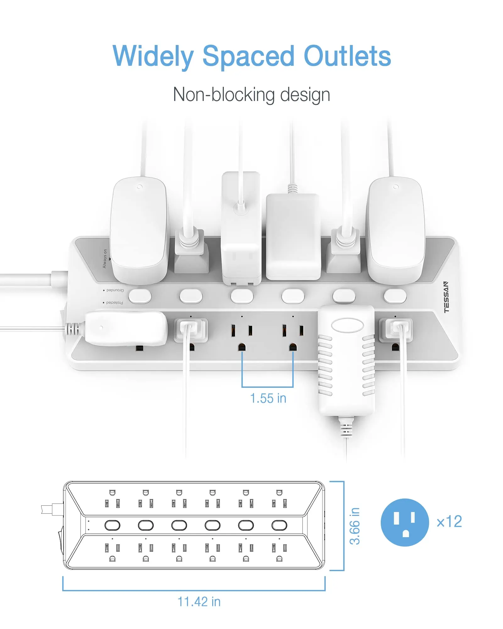 TESSAN USB Power Strip with 12 Outlets 3 USB Ports 6 Independent Switches Long Extension Cord 6ft with Surge Protector for Home