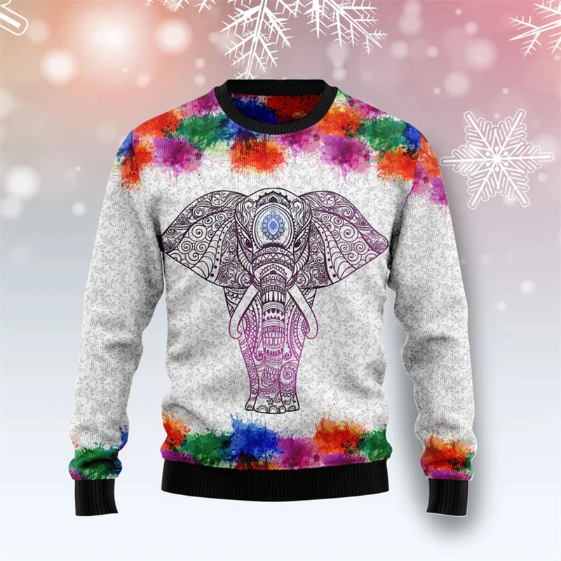 Christmas Sweatshirt Bohemian Mandala Elephant Colorful Splash 3D Print Pullover Unisex Xmas Long Sleeve Top