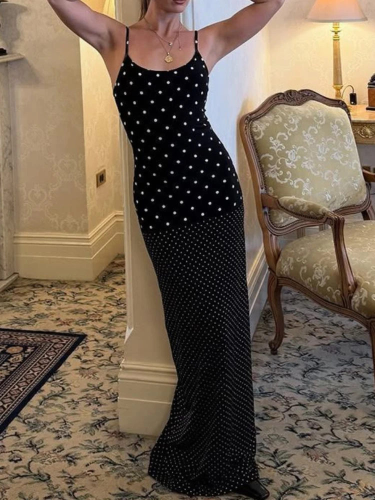 Tossy مثير U الرقبة الطباعة نقطة بروتيل فستان طويل المرأة التباين أكمام عارية الذراعين سليم عالية الخصر الإناث Bodycon فستان ماكسي
