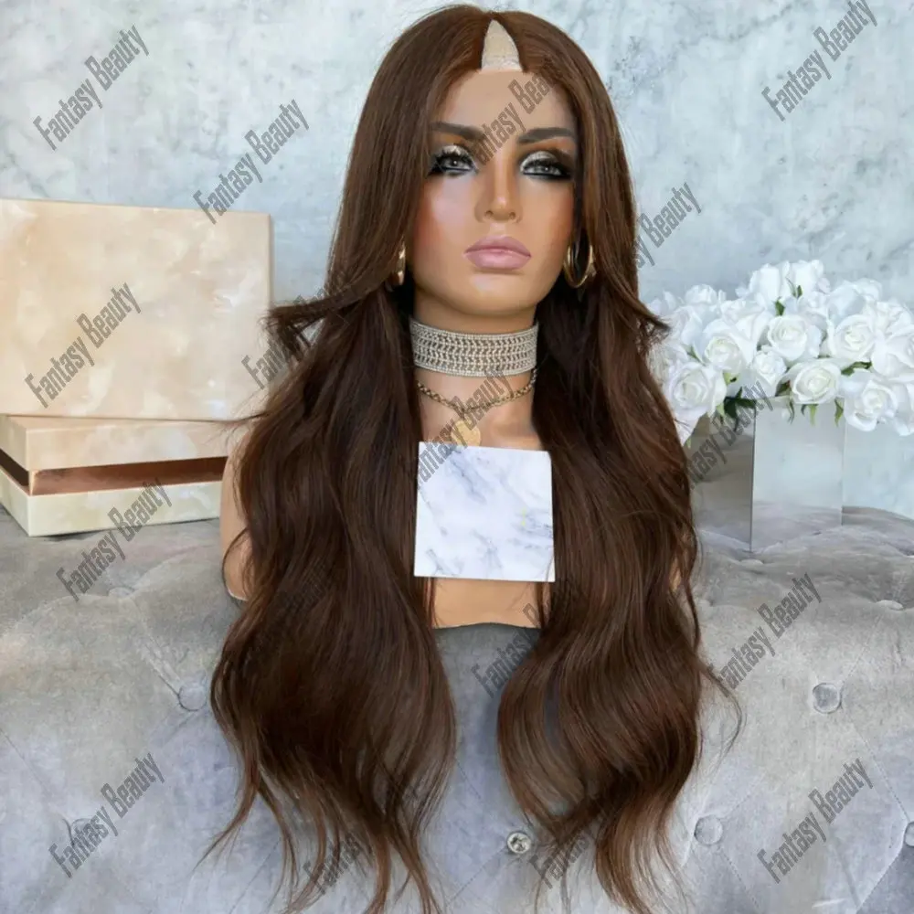 26Inch 180Density Glueless Brown Long Natural Wave V Part Wigs 100% Human Hair For Women Easy Waer U Part Wig Remy Human Hair