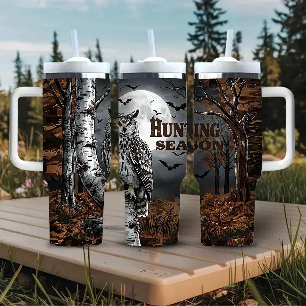 40oz Tumbler with Handle, Features Owl Hunting Season Woodland Print, Suitable for Hunting Lovers And Outdoor Enthusiasts, Holds Both Hot And Cold Drinks, Perfect for Outdoor Camping Daily Use And Travel.