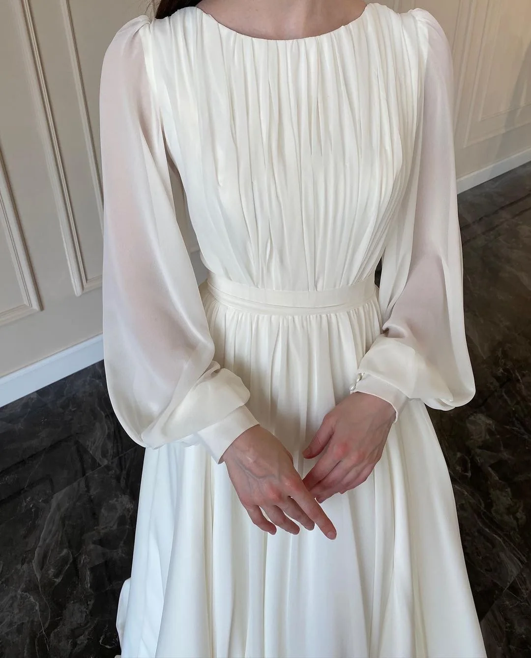 New Spring Fashion Lantern Sleeve O-Neck Solid Color Slim Fit Floor-Length Ball Gown Dress For Women