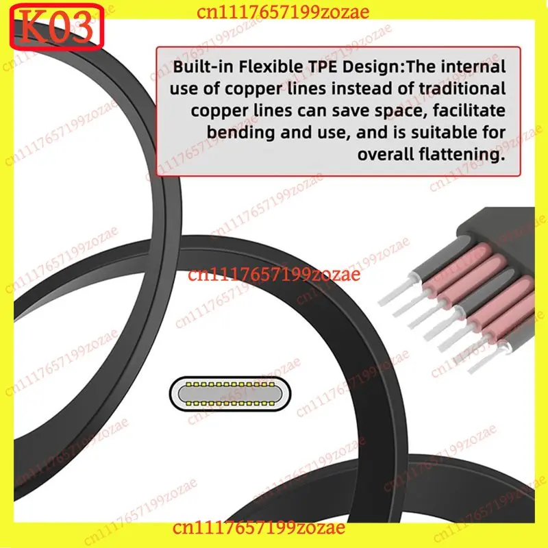 LK k3 for JABS 65W Ultra Slim Flat USB-C Cable, Dual Angled Fast Charge Data Cord for Laptop & Phone