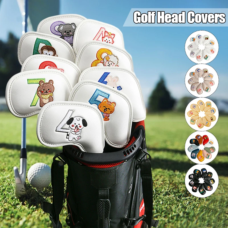 9Pcs Golf Club Head Cover Pu Leather Embroidery Iron Set Cartoon Protecter Cover Double Sided Digital Embroidery Pattern