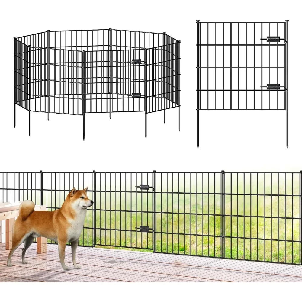 

Metal Garden Fence with Gate 28in (H) x 18.7ft (L), 1 Gate + 7 Panels Dog Fence Border Fence Animal Barrier, No Dig Garden Fenci