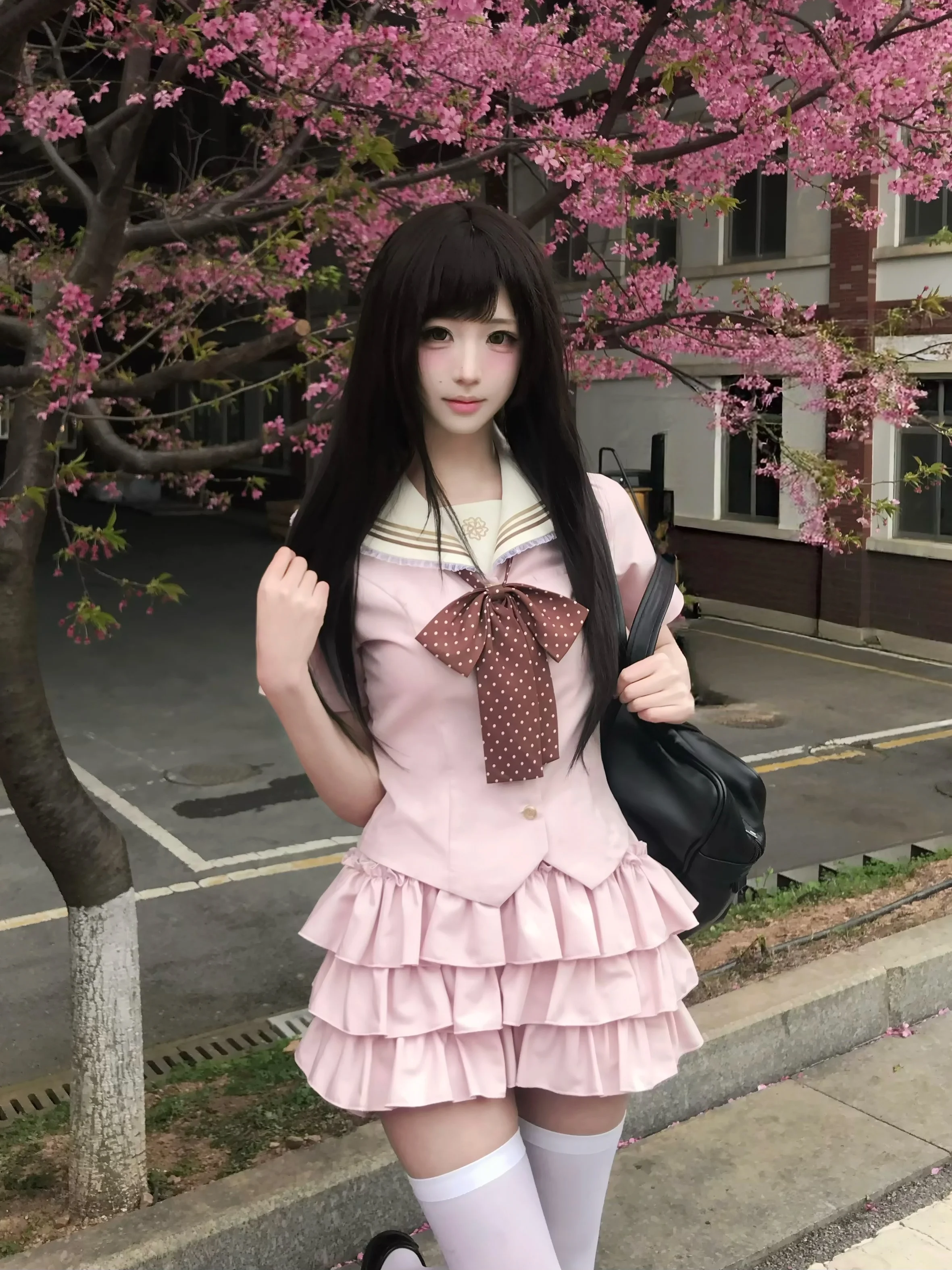 Pink School Uniform Style Cake Skirt Set Women's Top Bottoms Cherry Sweet Heart Original Japanese Design Spring Fashion