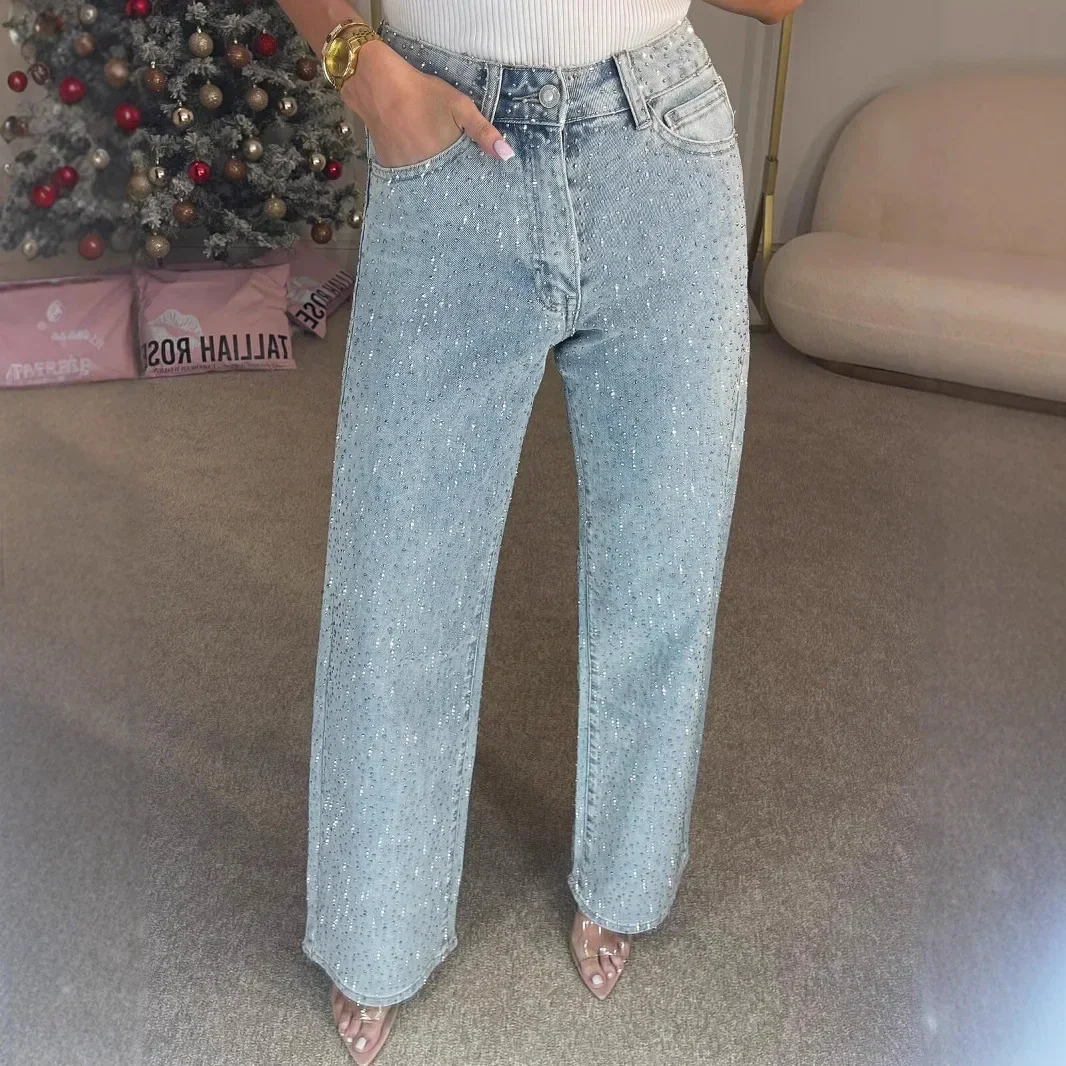 

Straight Jeans for Women Diamonds Pants Stretch High Waist Washed Distressed Pockets Vintage Denims Streetwear Female Trousers