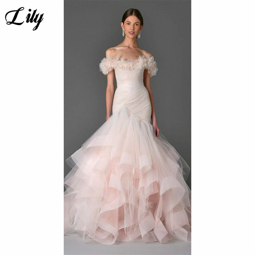 Vestidos de noche rosa rubor Lily, vestidos de fiesta con hombros descubiertos, vestido de gala formal estilo trompeta con dobladillo grande, vestido de baile sencillo personalizado