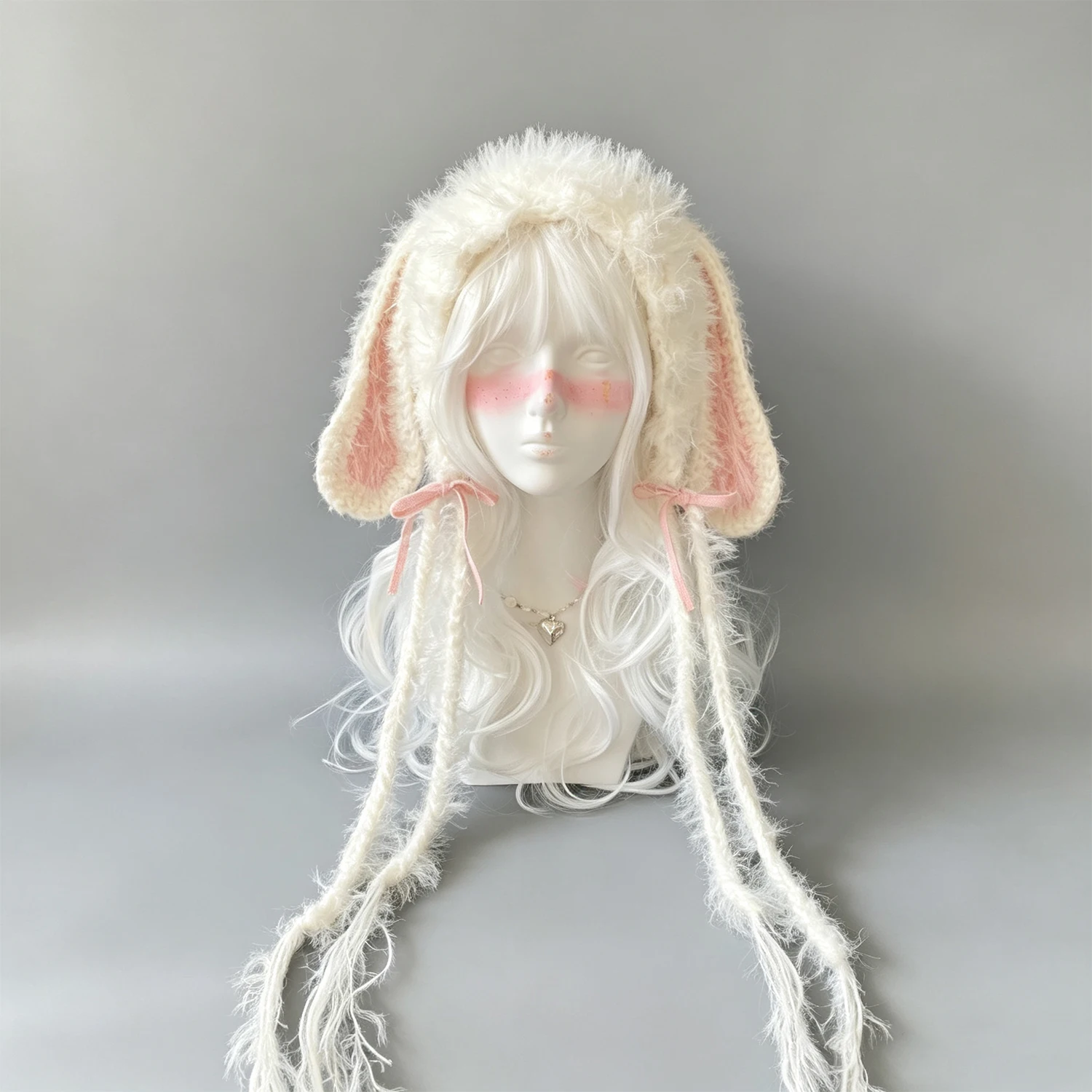 Custom Handmade Crochet White Pink Bunny Rabbit Ears Hat Women Fuzzy Knitted Beanie Girls Sweet Lolita Cosplay Winter Warm Cap