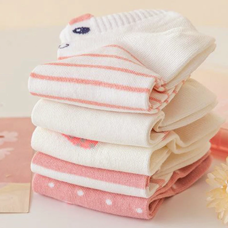 여성용 통기성 및 땀 흡수 캐주얼 짧은 양말, 귀여운 고양이 패션, 핑크 앤 화이트, 5 켤레