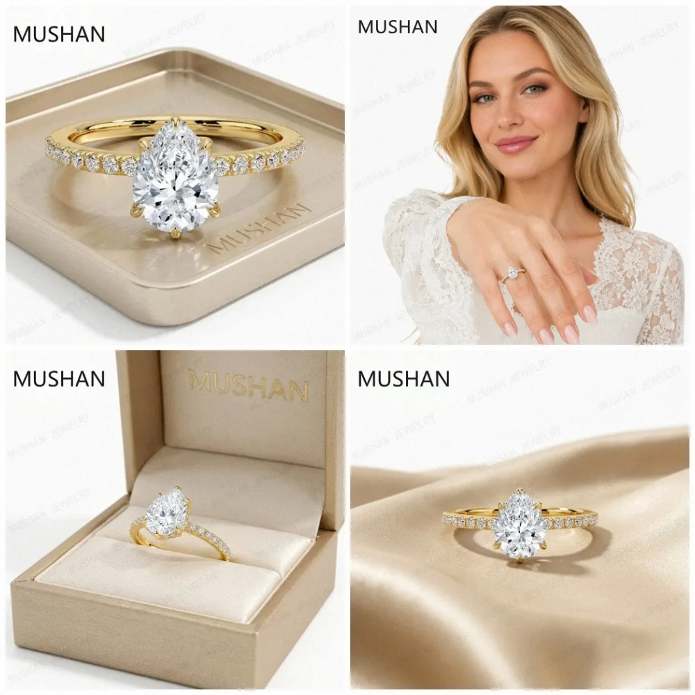 MuShan Brand Jewelry 925 Sterling Silver Ring Round Moissanite Diamond Ring for Women 18K Real Gold Plated MST Patent Rings