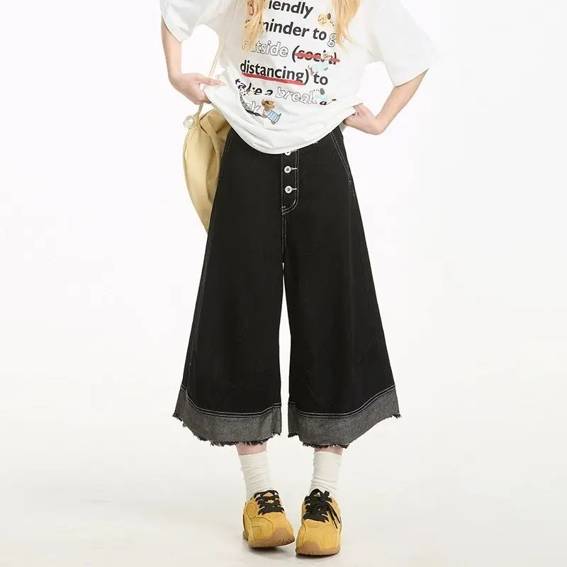 Retro Wide Leg Japanese Splicing Jeans Women's Button Loose Fit CasualHigh Waist Seven-Foot Pants American Design Shorts