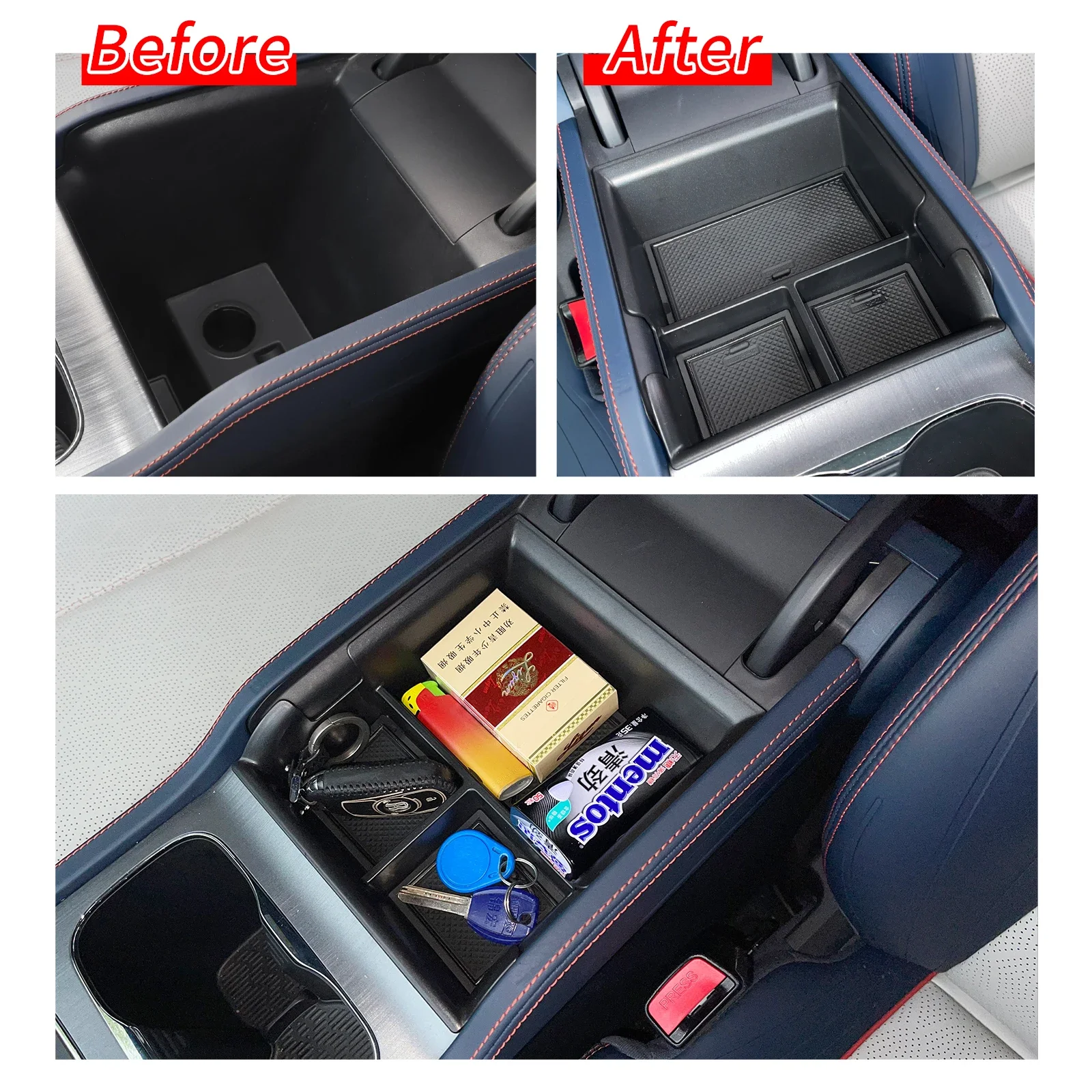 For BYD Atto3 2022-2026 Armrest Storage Box ABS Center Console Tray Organizer Interior Accessories Tidying Black 3