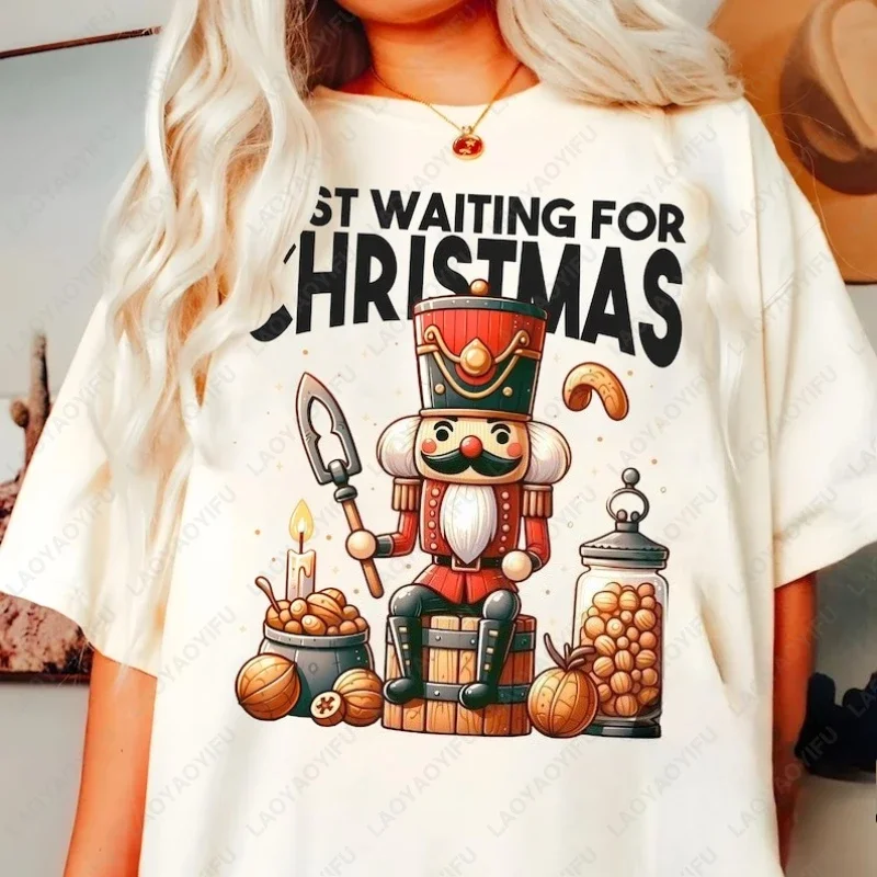 Just Waiting for Christmas Funny Design Retro Nutcracker Tops Men Women High Quality Cotton Tshirt Casual Kawaii Commuter Tees
